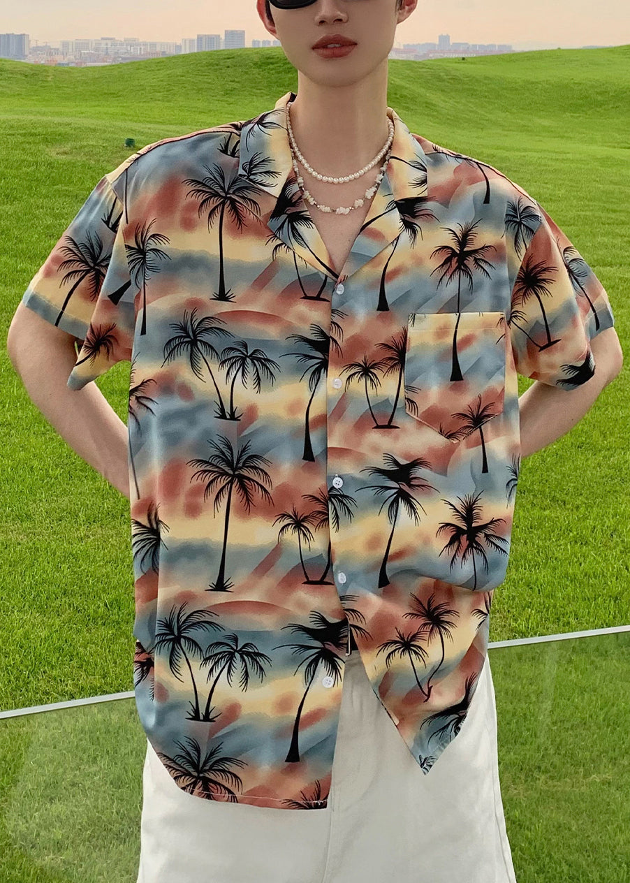 Print Cotton Stylish Collar Pan Shirts Blue Peter Button Men