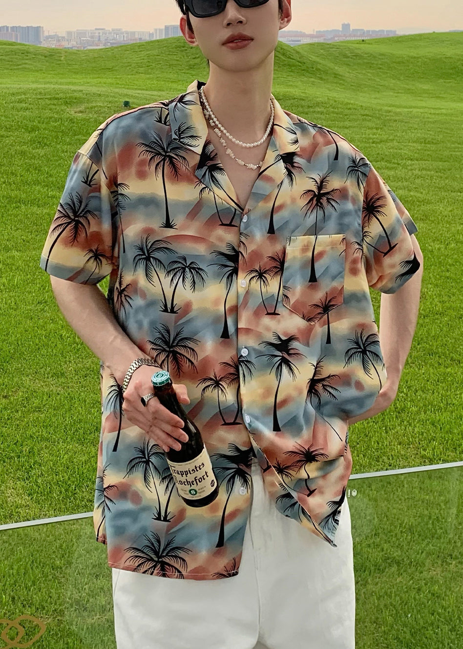 Print Cotton Stylish Collar Pan Shirts Blue Peter Button Men