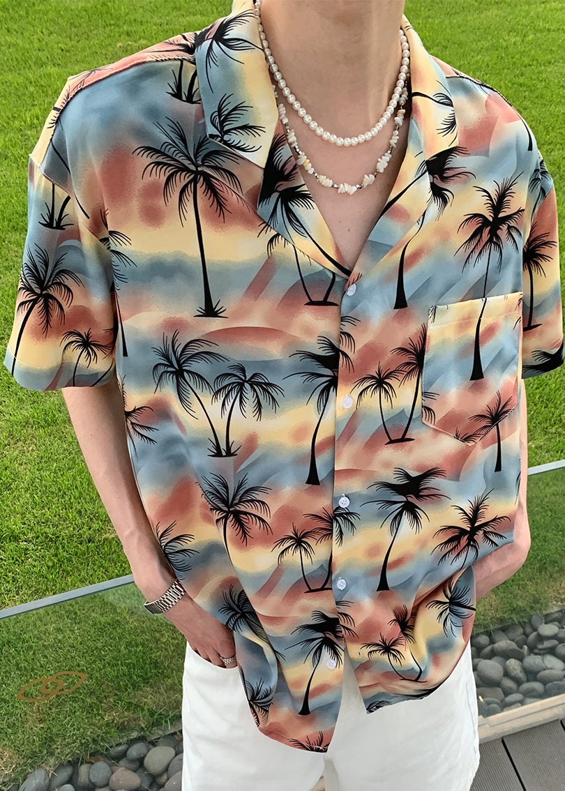 Print Cotton Stylish Collar Pan Shirts Blue Peter Button Men