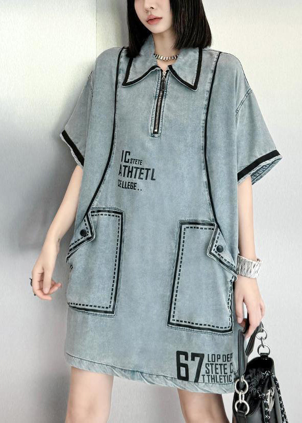 Stylish Blue Peter Pan Collar Graphic Denim Mid Dresses Summer QK018