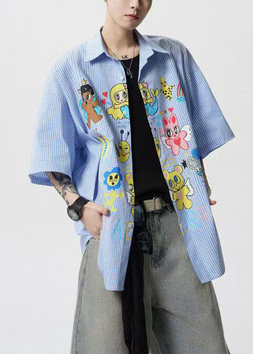 Mens Peter Print Collar Cotton Summer Stylish Pan Blue Shirts