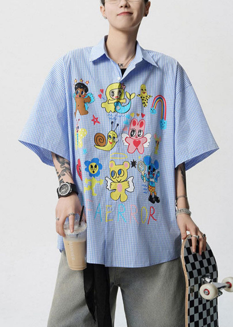 Collar Shirts Print Pan Blue Cotton Summer Mens Peter Stylish