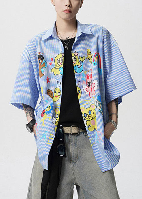 Mens Peter Print Collar Cotton Summer Stylish Pan Blue Shirts