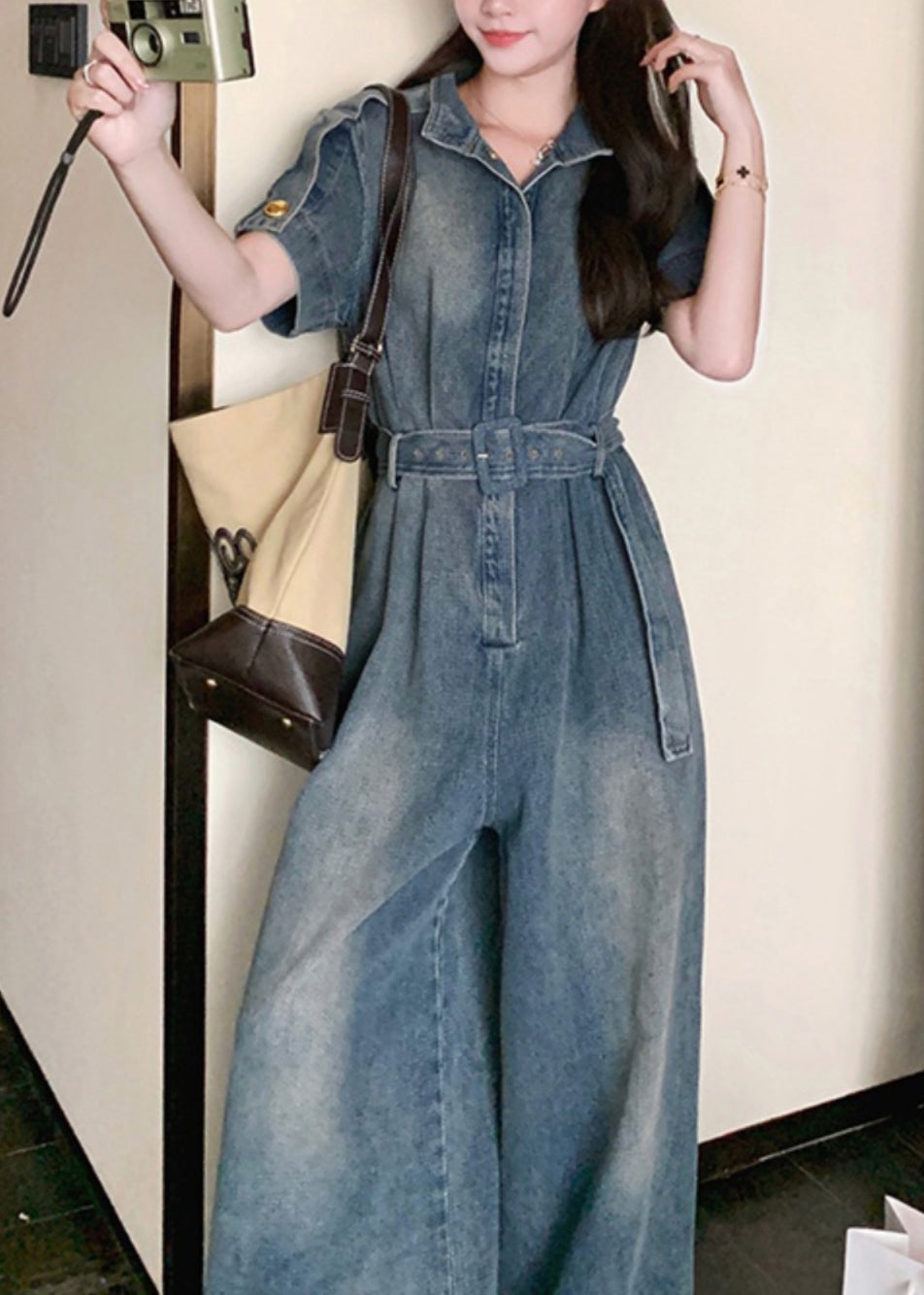 Stylish Blue Peter Pan Collar Tie Waist Denim Jumpsuits Summer RU029