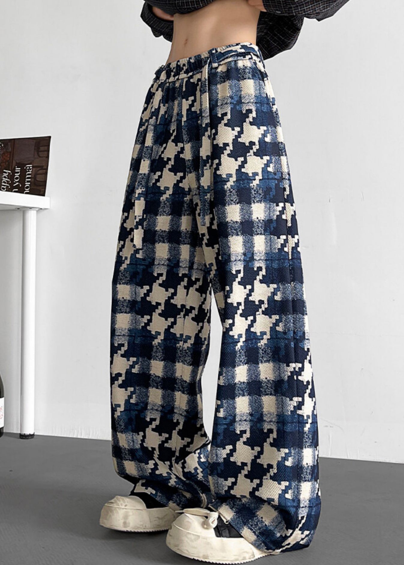 Blue Elastic Waist Fall Plaid Mens Pants Cotton Stylish