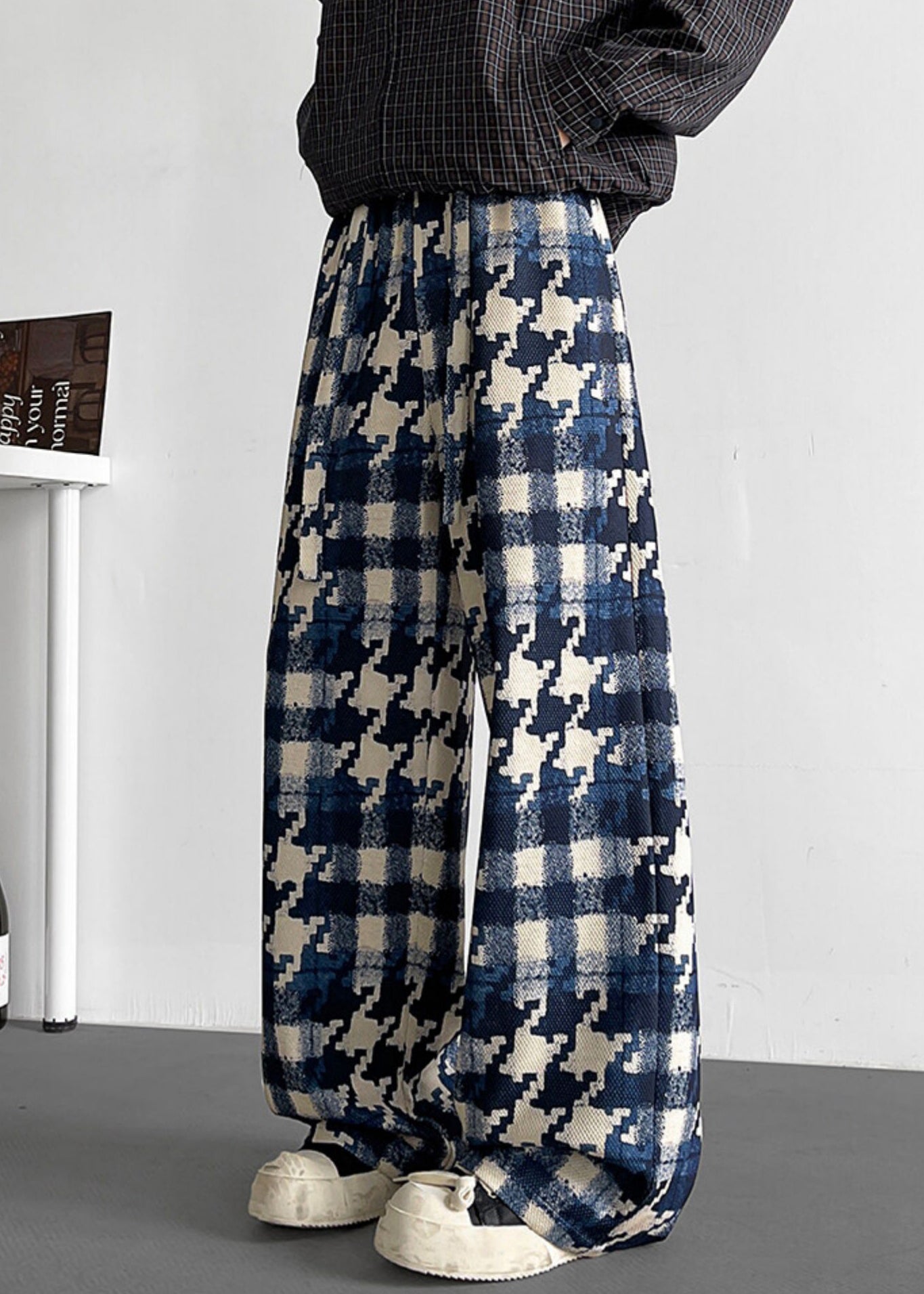 Blue Elastic Waist Fall Plaid Mens Pants Cotton Stylish