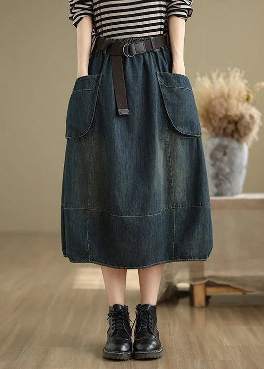Skirts Pockets Waist Elastic Blue Stylish Maxi Denim Patchwork