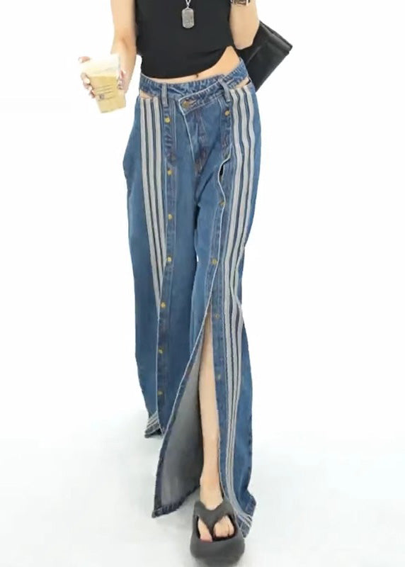 Denim Wide Side Open Stylish Leg Pockets Pants Spring Blue