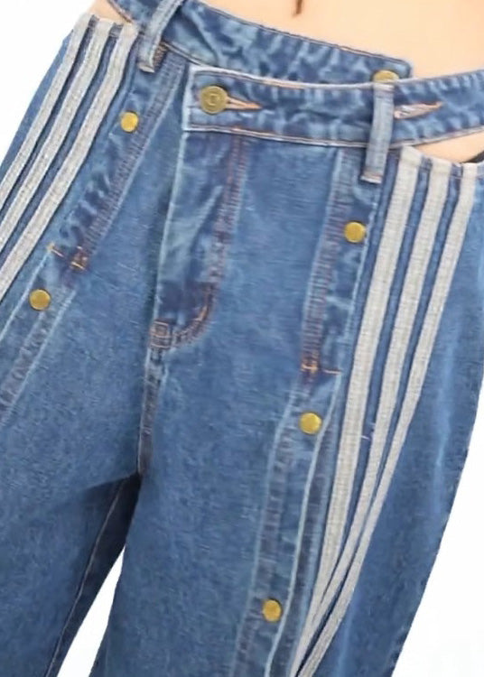 Denim Wide Side Open Stylish Leg Pockets Pants Spring Blue