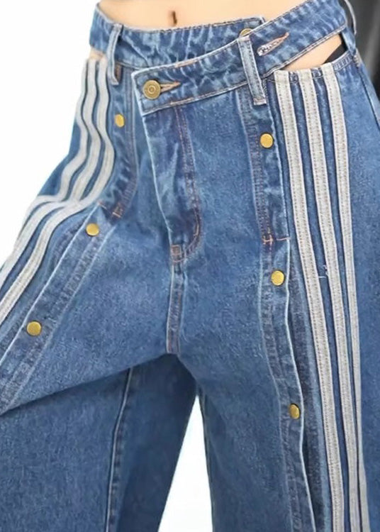 Denim Wide Side Open Stylish Leg Pockets Pants Spring Blue