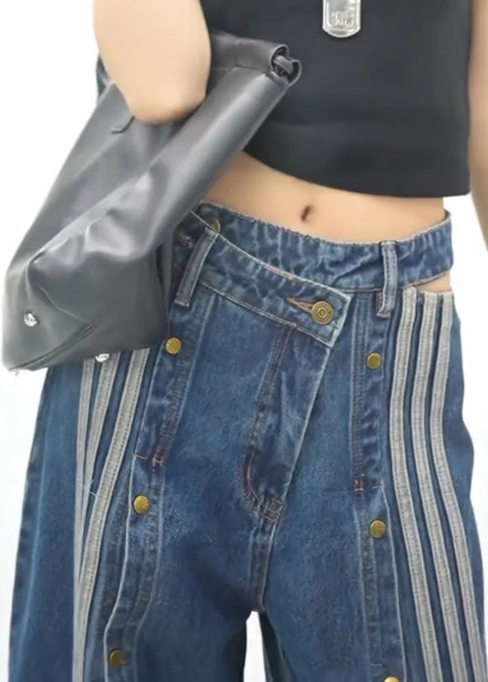 Denim Wide Side Open Stylish Leg Pockets Pants Spring Blue