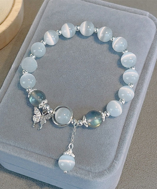 Stylish Blue Sterling Silver Crystal Cat's Eye Stone Butterfly Tassel Charm Bracelet WF001