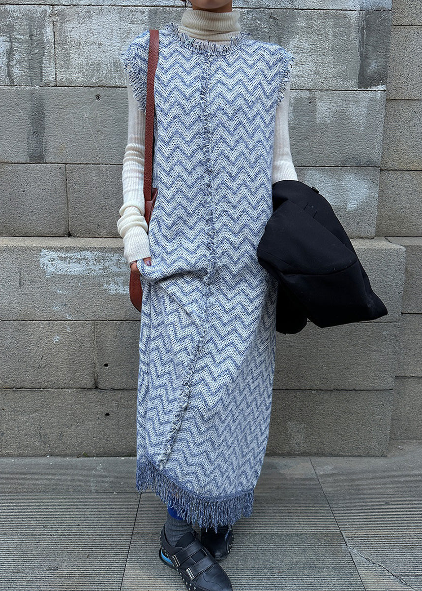 Stylish Blue Tasseled Knit Vest Dress Sleeveless RL013