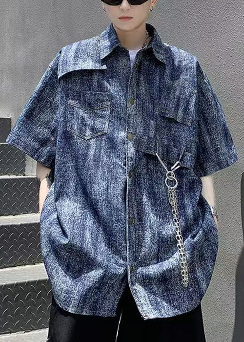 Linked Dye Stylish Tie Half Chain Mens Shirts Blue Sleeve Denim