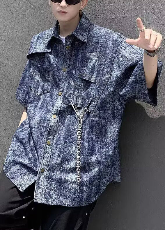 Linked Dye Stylish Tie Half Chain Mens Shirts Blue Sleeve Denim