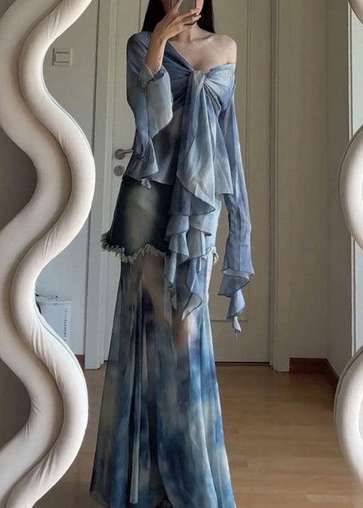 Stylish Set Two Pieces Lace Patchwork Dye Tulle Tie Flare Blue Up