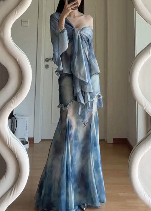 Stylish Set Two Pieces Lace Patchwork Dye Tulle Tie Flare Blue Up