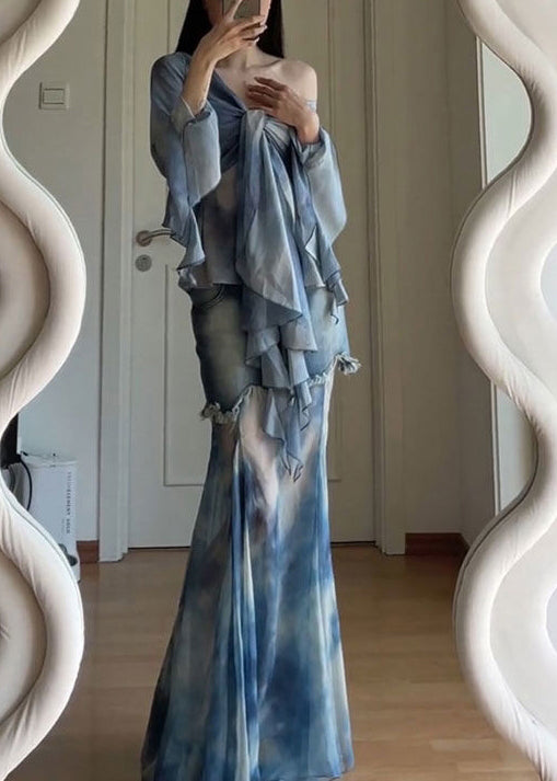 Stylish Set Two Pieces Lace Patchwork Dye Tulle Tie Flare Blue Up