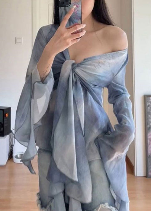 Stylish Set Two Pieces Lace Patchwork Dye Tulle Tie Flare Blue Up