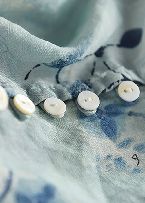 Shirts Neck V Bracelet Linen Print Stylish Sleeve Blue