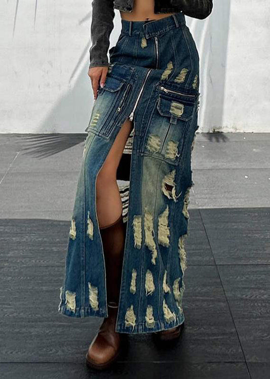 Stylish Blue Zip Up Patchwork Ripped Denim Skirts Spring QQ1063