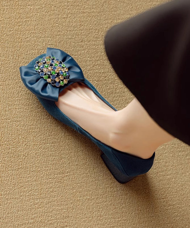 Blue Suede Splicing Loafers Bow Penny Chunky Stylish Zircon