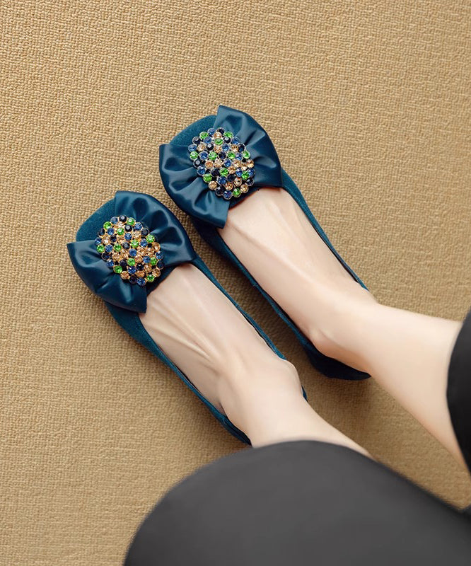 Blue Suede Splicing Loafers Bow Penny Chunky Stylish Zircon