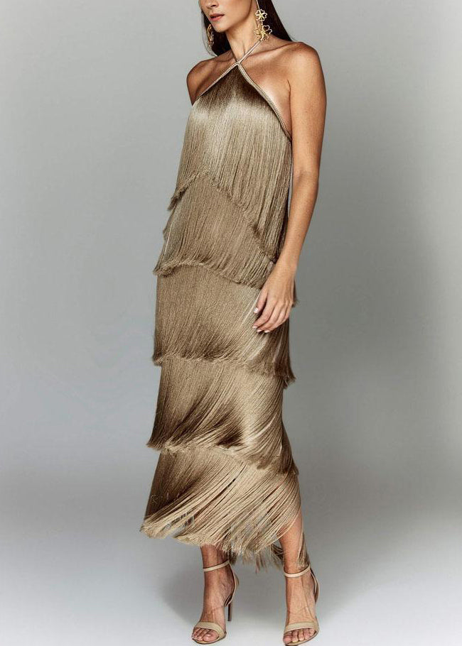 Backless Halter Summer Stylish Silk Brown Tasseled Dress