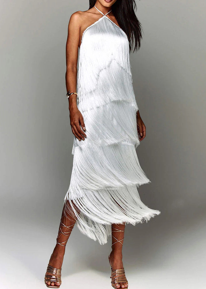 Backless Halter Summer Stylish Silk Brown Tasseled Dress