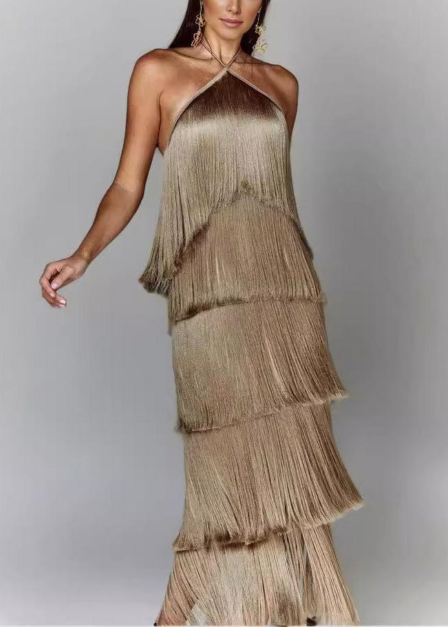 Backless Halter Summer Stylish Silk Brown Tasseled Dress