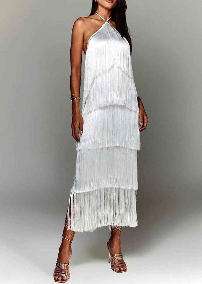 Backless Halter Summer Stylish Silk Brown Tasseled Dress