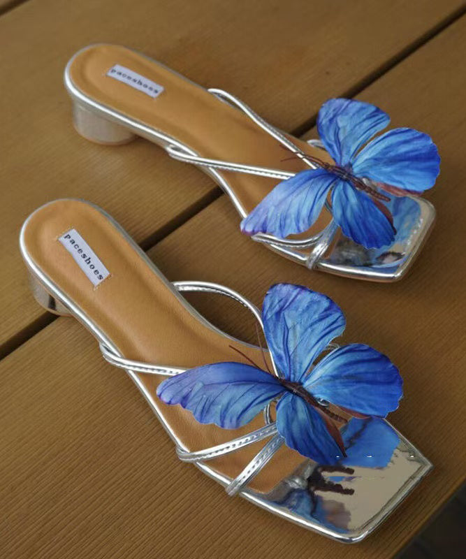 Leather Sandals Stylish Blue Faux Chunky Splicing Slide Butterfly