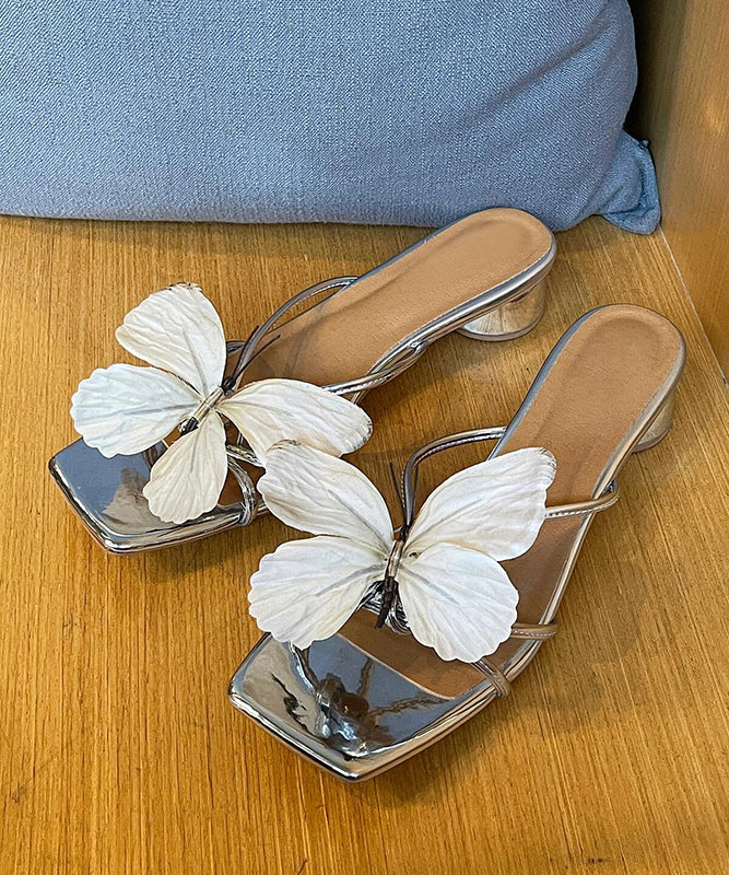 Leather Sandals Stylish Blue Faux Chunky Splicing Slide Butterfly