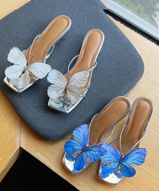 Leather Sandals Stylish Blue Faux Chunky Splicing Slide Butterfly