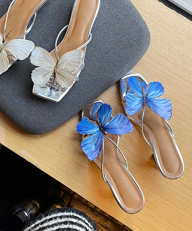 Leather Sandals Stylish Blue Faux Chunky Splicing Slide Butterfly