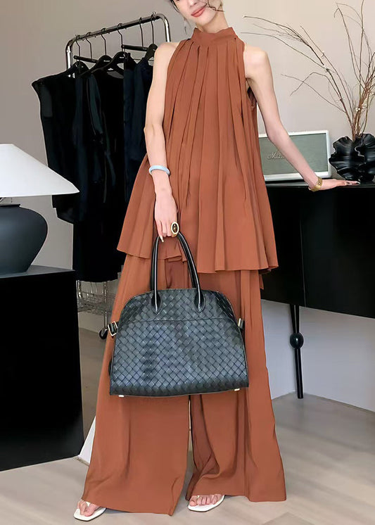 Wrinkled Chiffon Stand Caramel Stylish Set Two Pieces Collar