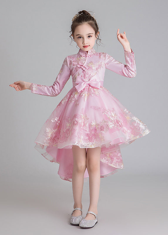 Stylish Champagne Stand Collar Embroideried Low High Design Tulle Girls Long Dresses Fall QV002