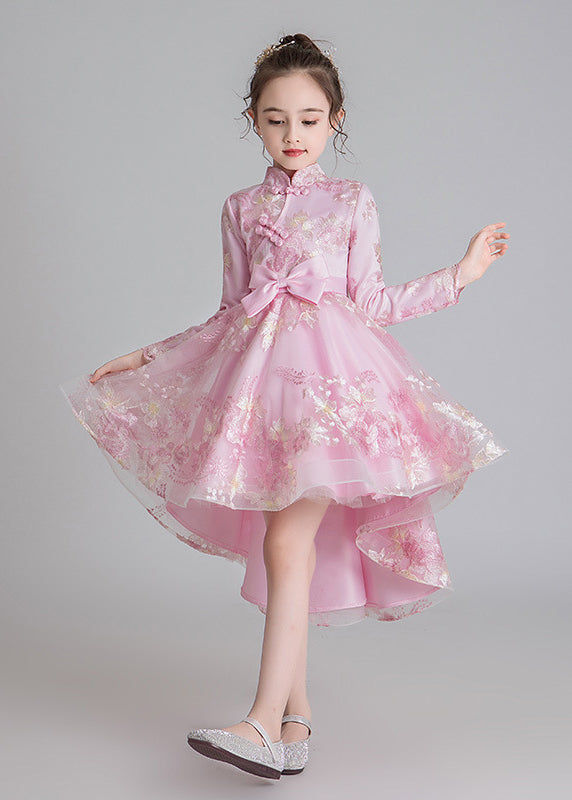 Stylish Champagne Stand Collar Embroideried Low High Design Tulle Girls Long Dresses Fall QV002