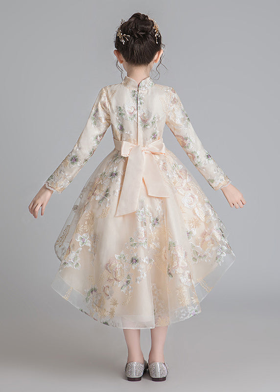 Stylish Champagne Stand Collar Embroideried Low High Design Tulle Girls Long Dresses Fall QV002