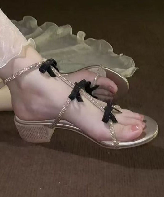 Bow Zircon Toe Peep Chunky Stylish Sandals Heel