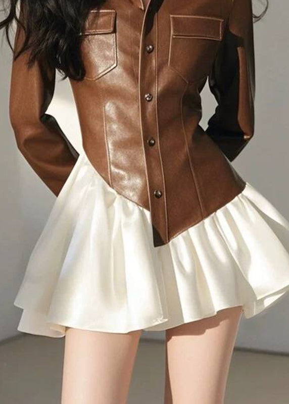 Asymmetrical Patchwork Stylish Coffee Button Leather Faux