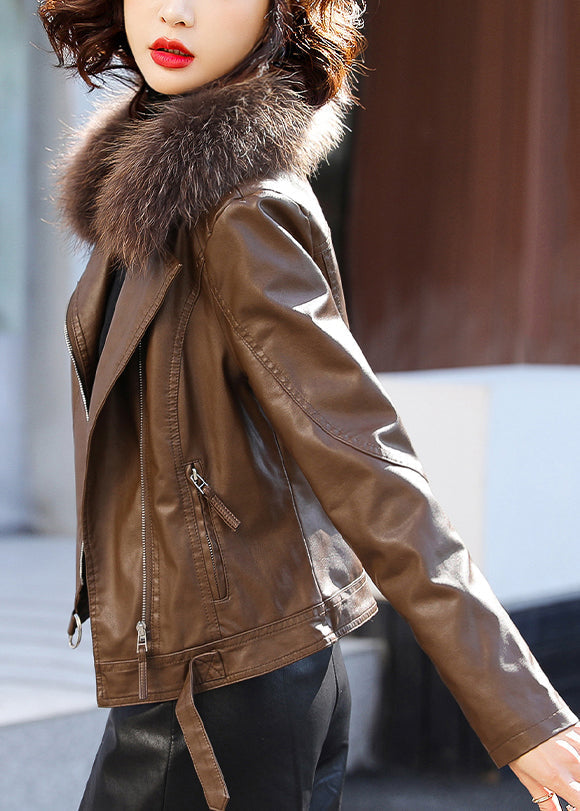 Stylish Coffee Fur Collar Zippered Faux Leather Jacket Winter ER015