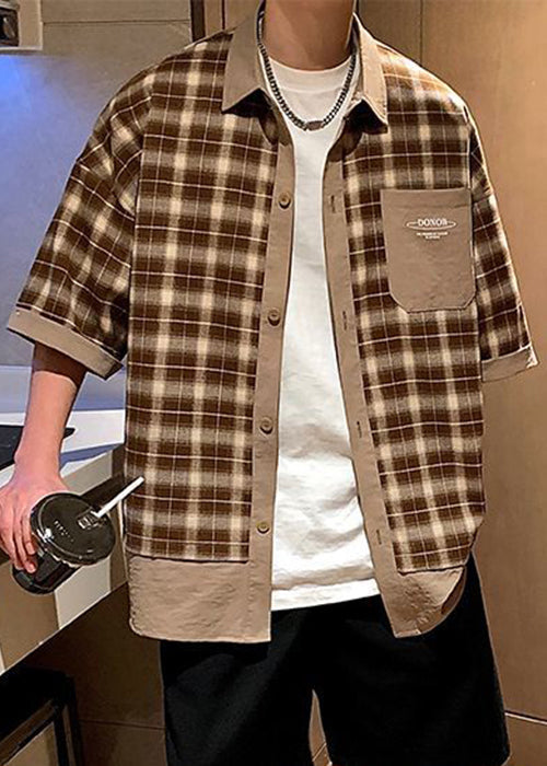 Coffee Cotton Men Shirts Summer Plaid Stylish Button