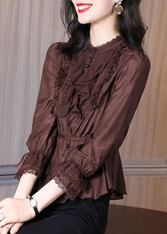 Stylish Coffee Tie Waist Lace Patchwork Shirt Spring RL002