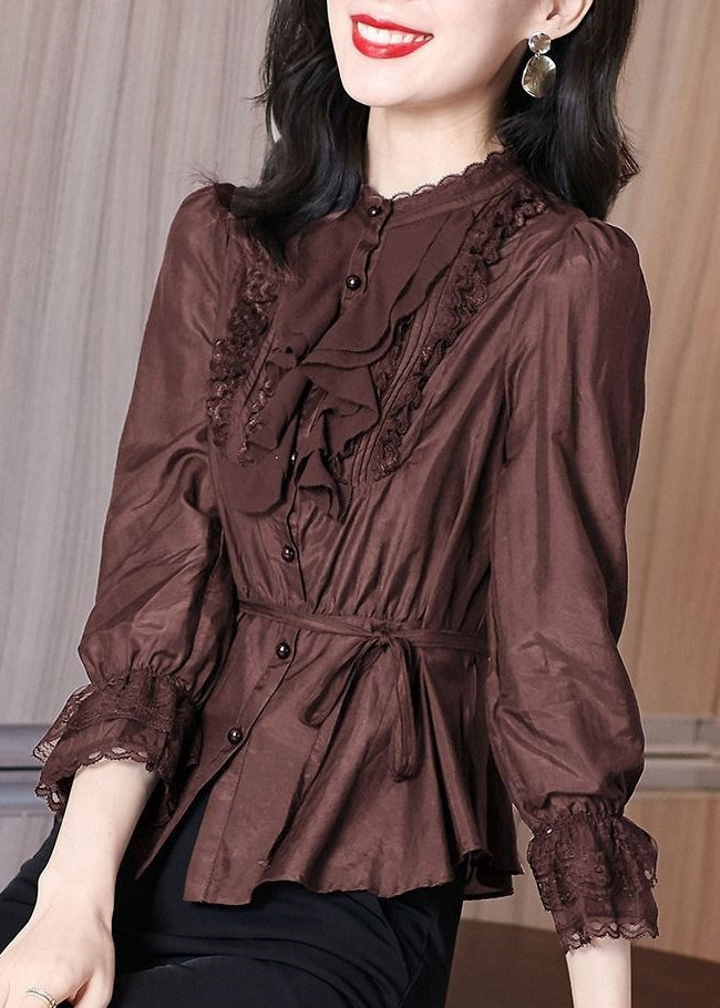 Stylish Coffee Tie Waist Lace Patchwork Shirt Spring RL002