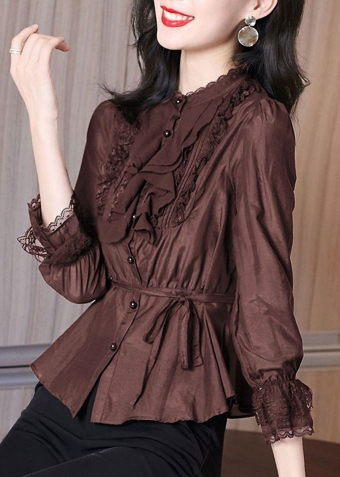 Stylish Coffee Tie Waist Lace Patchwork Shirt Spring RL002