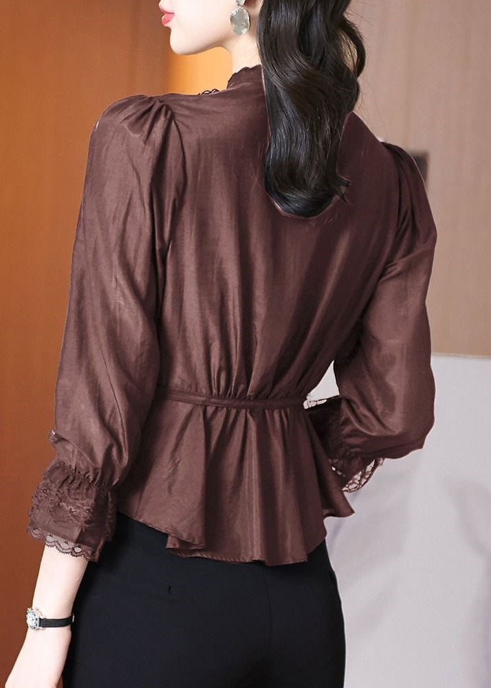 Stylish Coffee Tie Waist Lace Patchwork Shirt Spring RL002