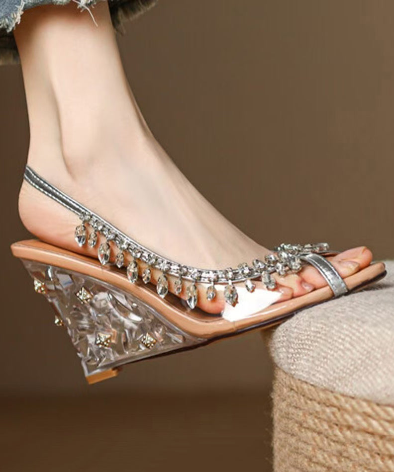 Splicing Stylish Leather Heels Sequins Apricot Cowhide Wedge