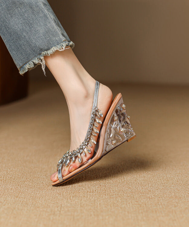 Splicing Stylish Leather Heels Sequins Apricot Cowhide Wedge