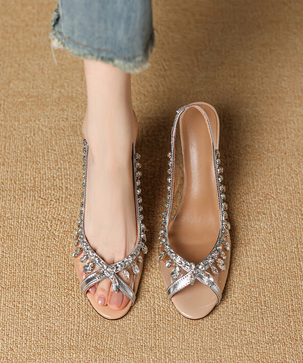 Splicing Stylish Leather Heels Sequins Apricot Cowhide Wedge